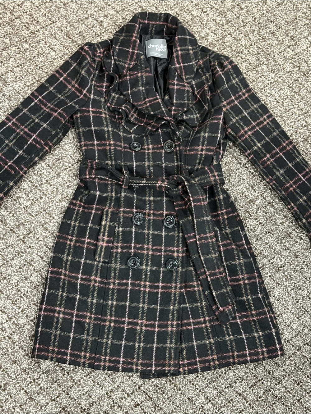 Charlotte Russe Black & Pink Plaid Double-Breasted Trench Coat XS/S - Winter